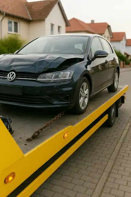 Ein defektes Fahrzeug wird abgeschleppt, um beim Autoankauf in Sindelfingen bewertet und verkauft zu werden.