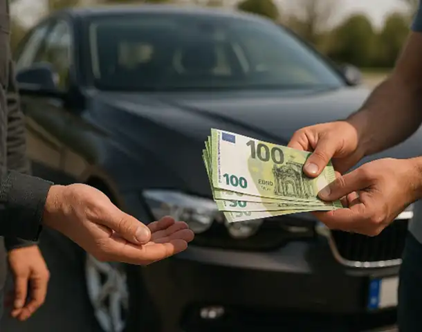 Ein zufriedener Kunde erhält Bargeld beim Autoankauf in Sindelfingen für sein gebrauchtes Fahrzeug.